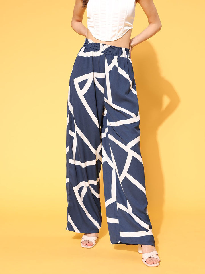 Seluar Lajur Roman Geometrik Biru Laut Wanita Berrylush
