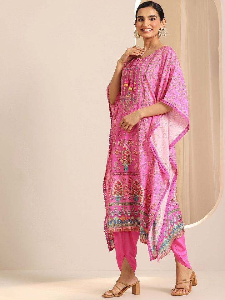 Libas Ethnic Motifs Printed Panelled Mirror Work Tie-Up Neck Kaftan Kurta With Salwar