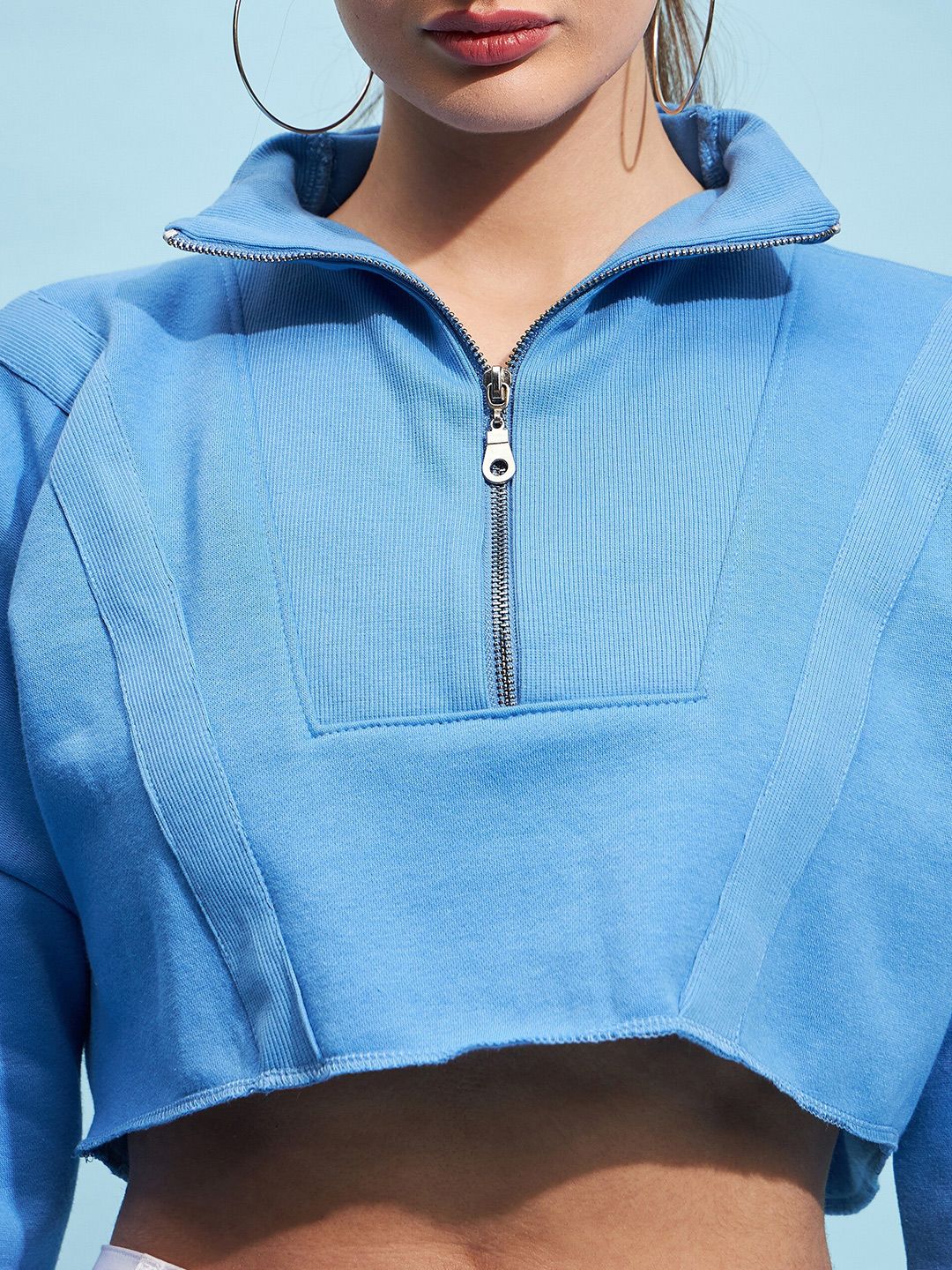 STREET 9 Blue Mock Collar Pure Cotton Crop Sweatshirt