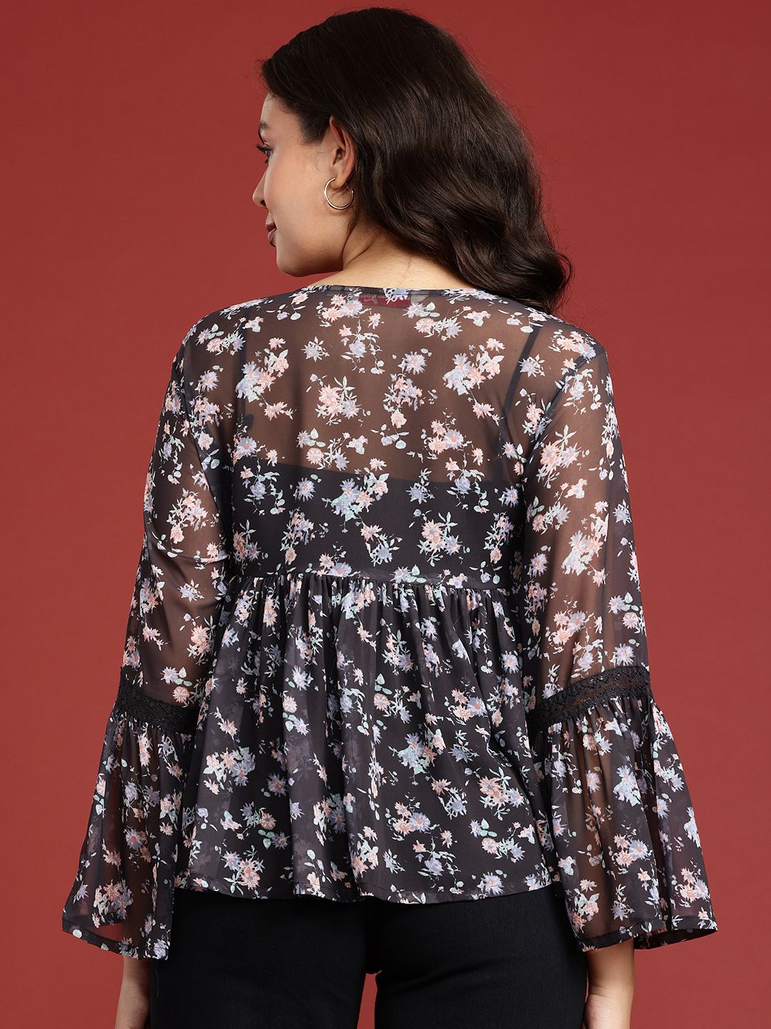all about you Floral Printed Semi Sheer Gathered A-Line Top