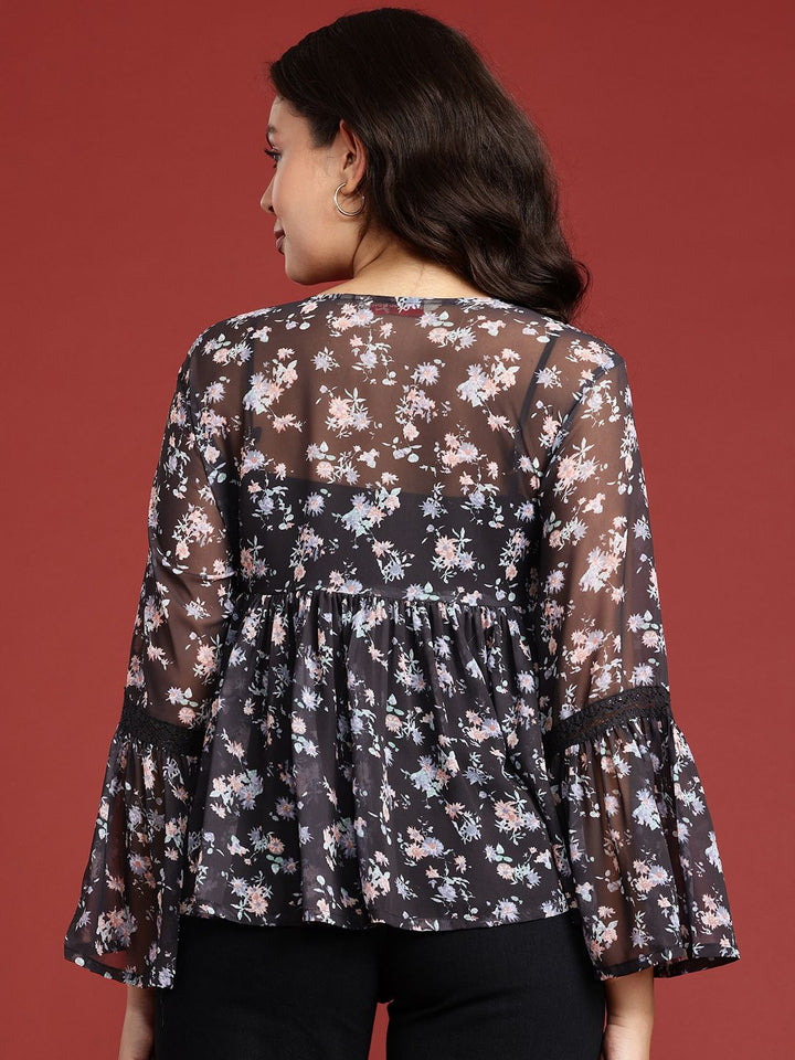 all about you Floral Printed Semi Sheer Gathered A-Line Top