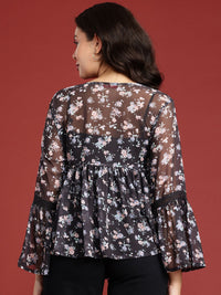 all about you Floral Printed Semi Sheer Gathered A-Line Top