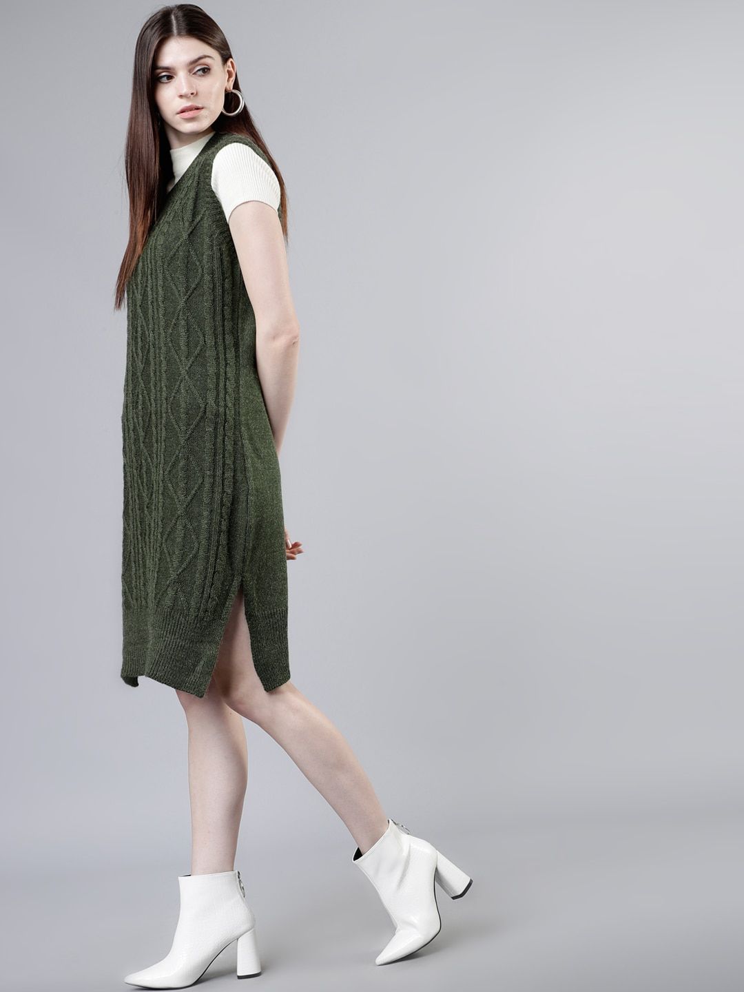 Tokyo Talkies Women Olive Green Self Design Jumper Dress