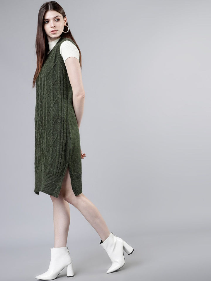 Tokyo Talkies Women Olive Green Self Design Jumper Dress