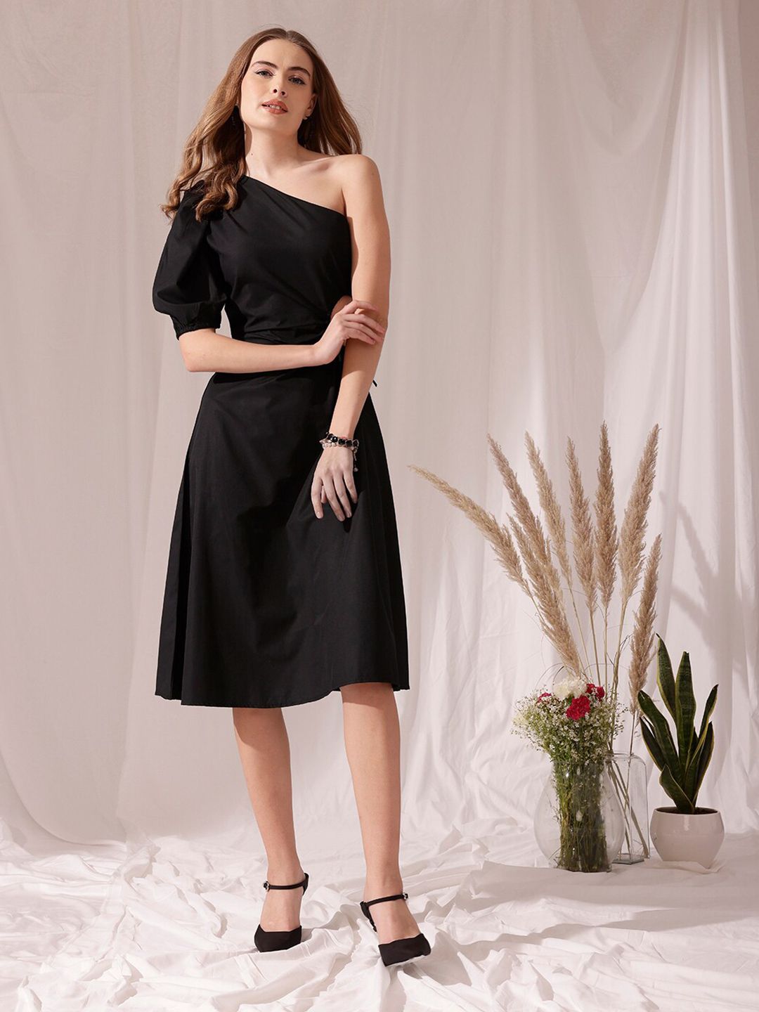 STREET 9 One Shoulder Puff Sleeves Cotton Fit & Flare Midi Dress