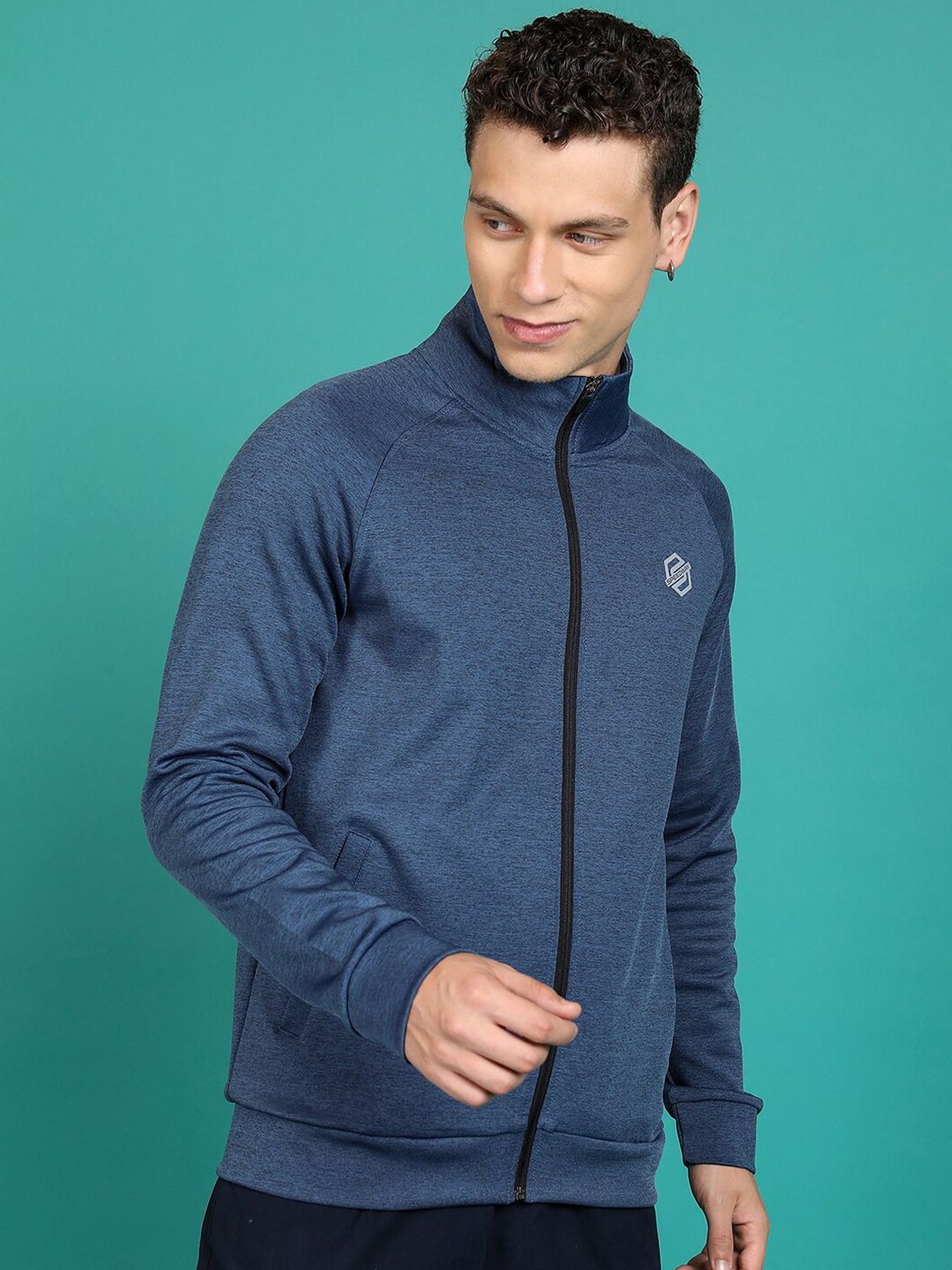 HIGHLANDER Navy Blue Mock Collar Front-Open Sweatshirt