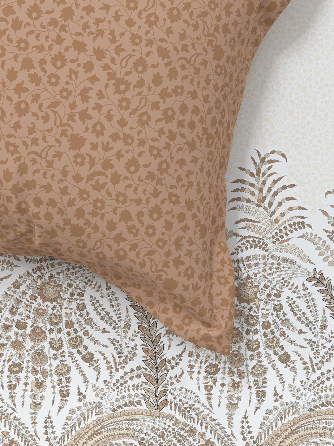 MYTRIDENT Brown & White Ethnic Motifs Cotton 144 TC King Bedsheet With 2 Pillow Covers