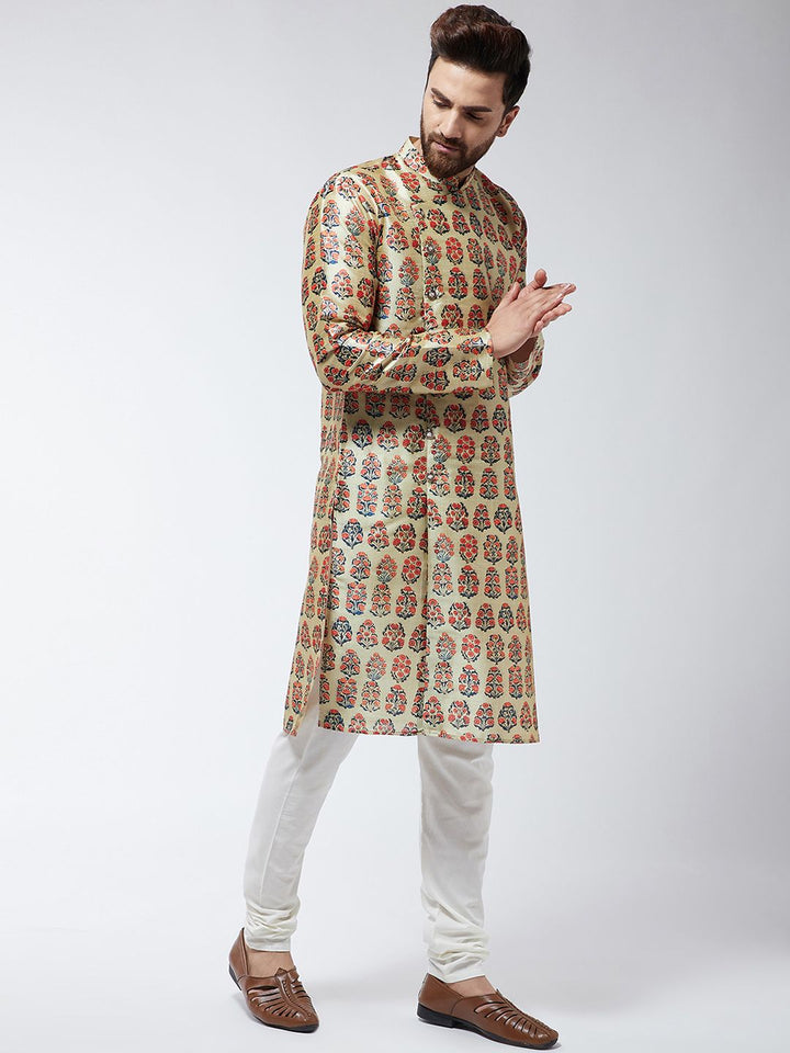 SOJANYA Men Beige & Orange Printed Straight Kurta