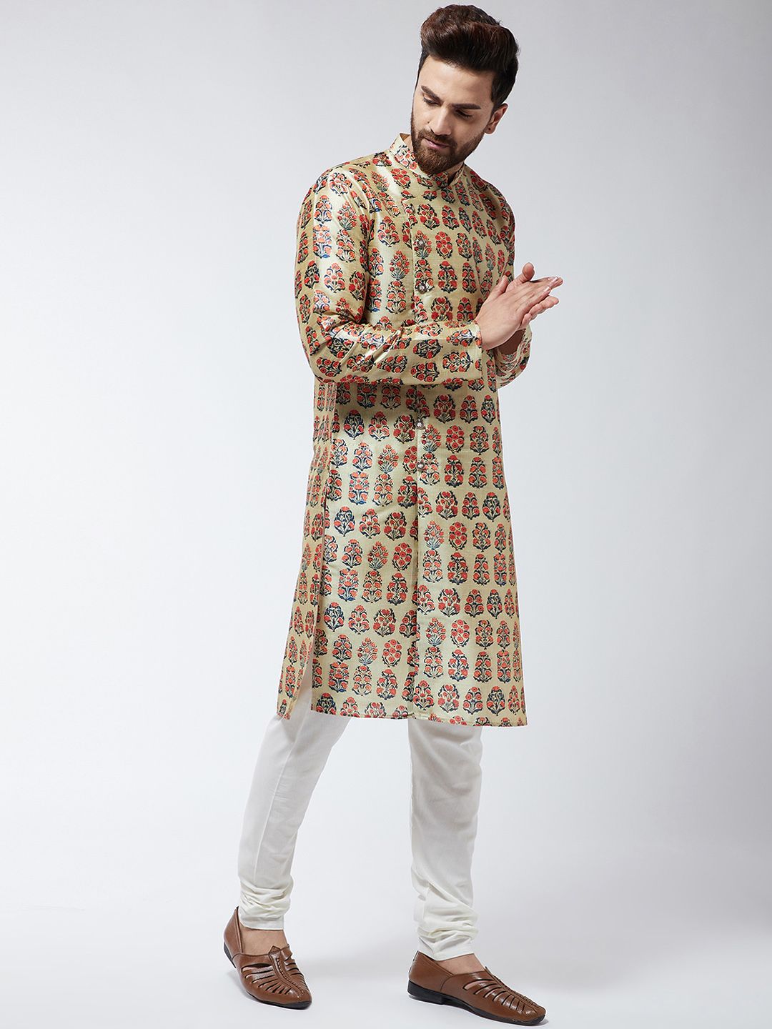 SOJANYA Men Beige & Orange Printed Straight Kurta