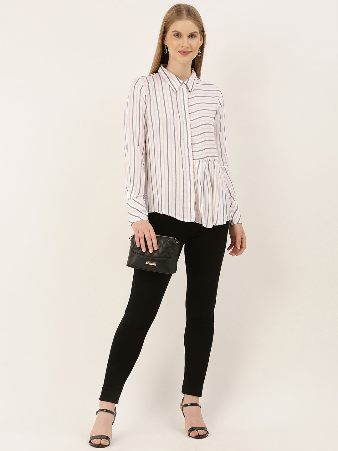 AND Women White & Black Striped Regular Fit Casual Shirt