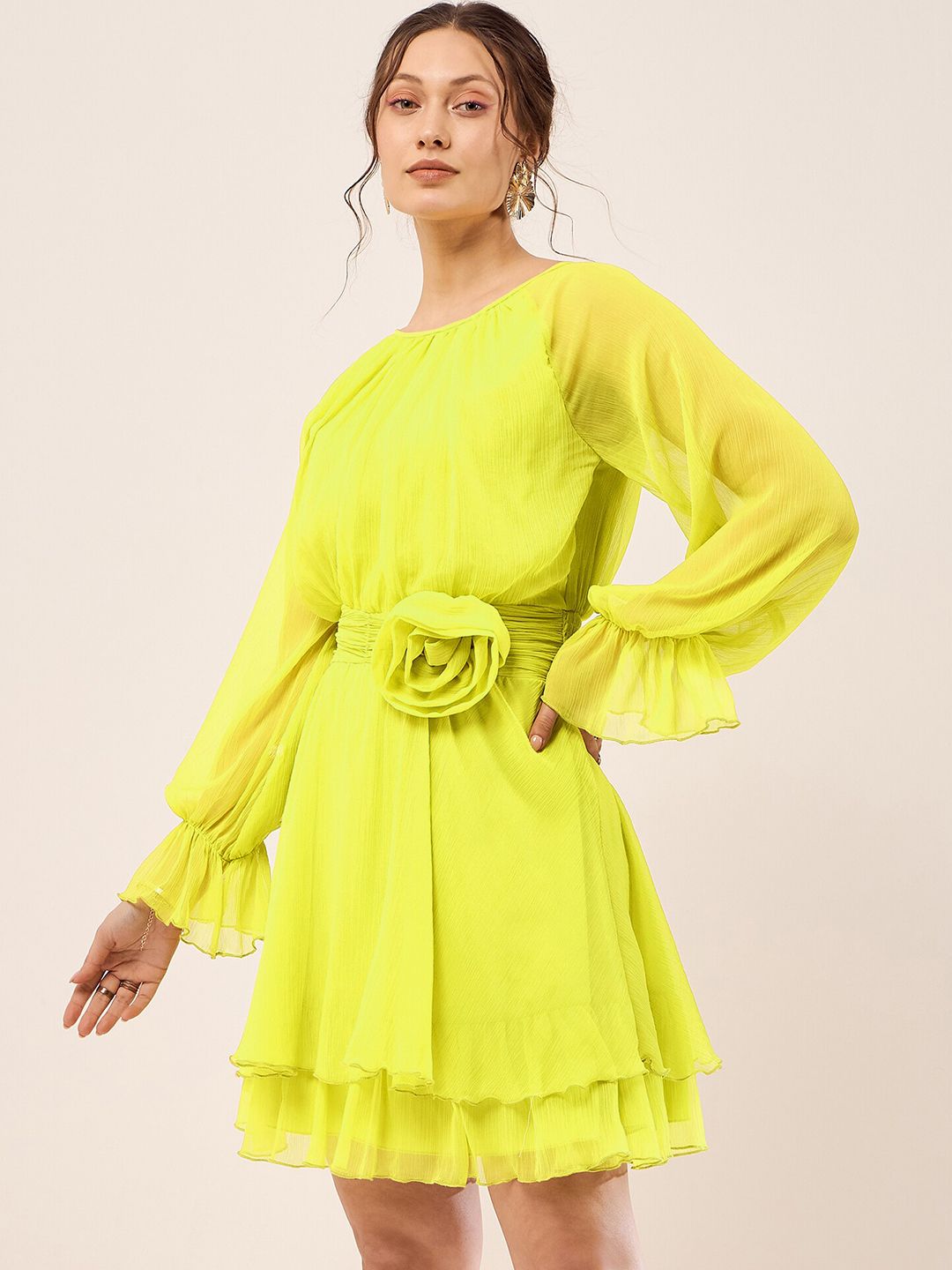 Antheaa Lime Green Cuff Sleeve Chiffon Fit & Flare Dress