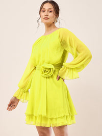 Antheaa Lime Green Cuff Sleeve Chiffon Fit & Flare Dress