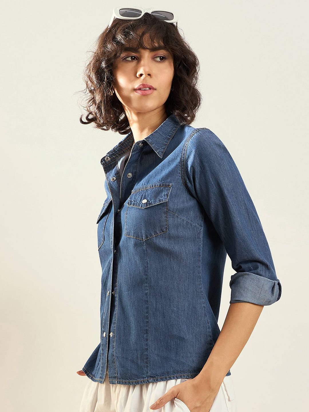 SASSAFRAS Blue Snap Button Placket Long Sleeves Casual Shirt
