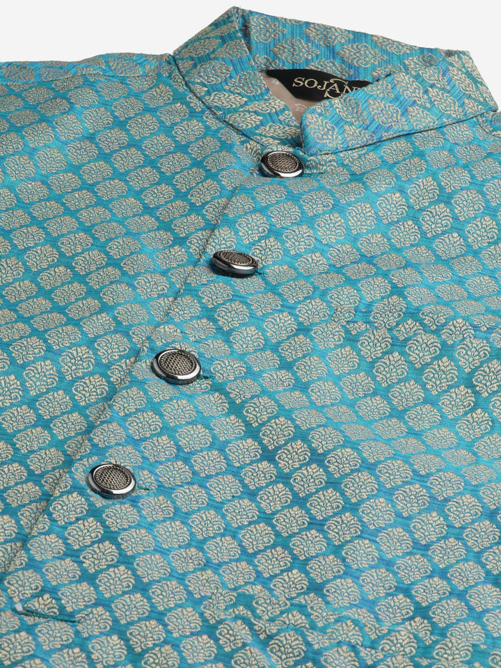 SOJANYA Men Green & Teal Blue Ethnic Motifs Kurta with Churidar & Nehru Jacket