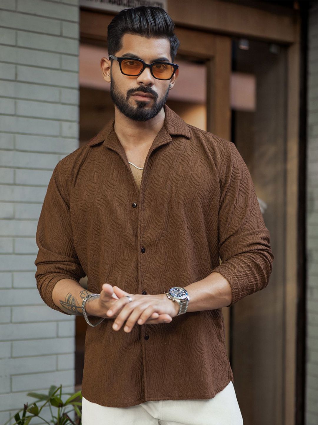 Powerlook Men Spread Collar Textured Relaxed Fit Casual Shirt