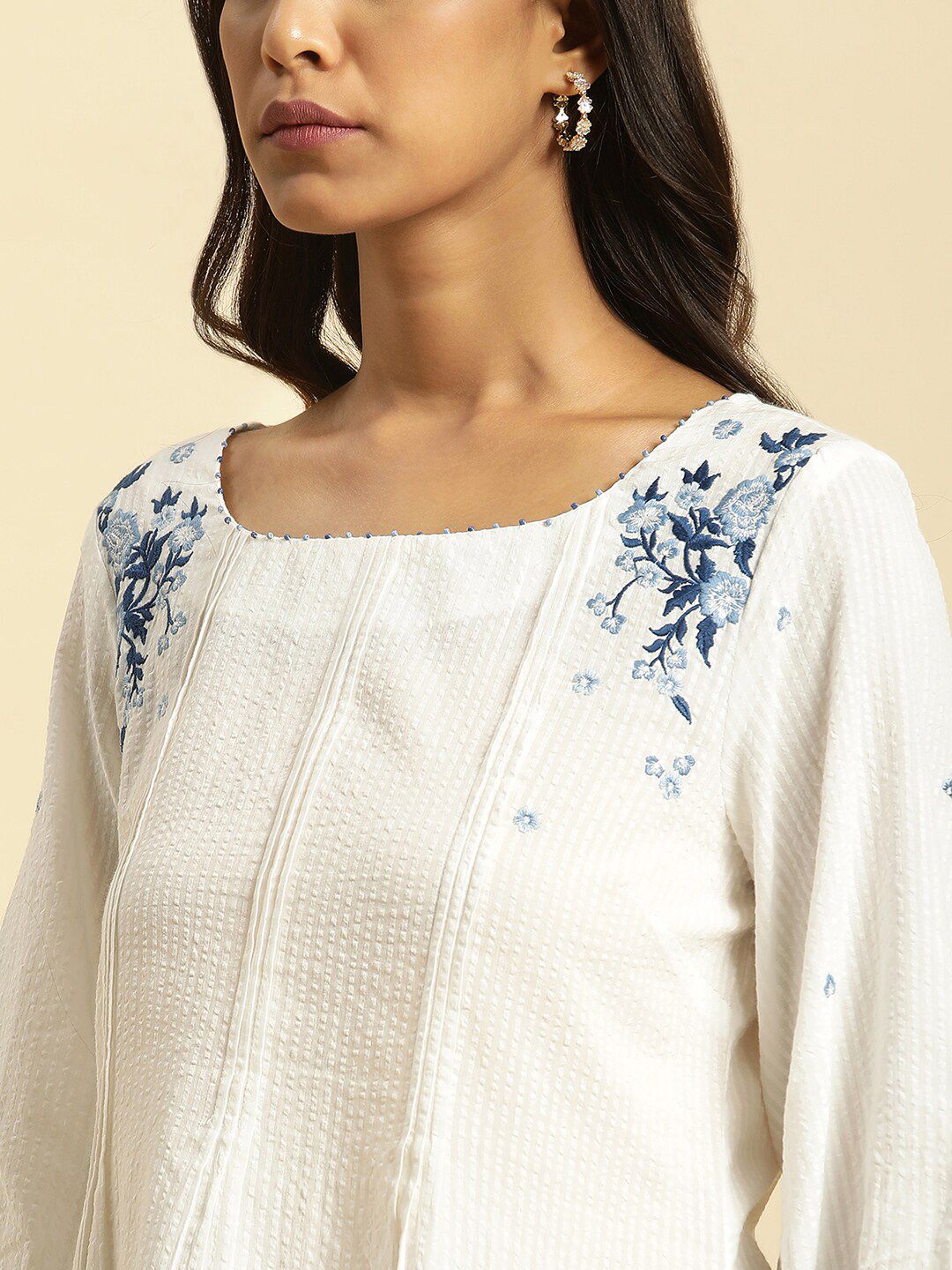 W Self Designed Puff Sleeves Pure Cotton A-Line Top