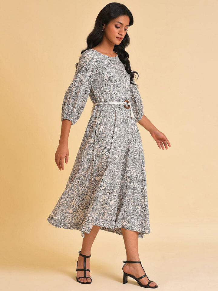 W White Ethnic Motif Printed A-Line Midi Dress With Belt