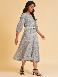 W White Ethnic Motif Printed A-Line Midi Dress With Belt