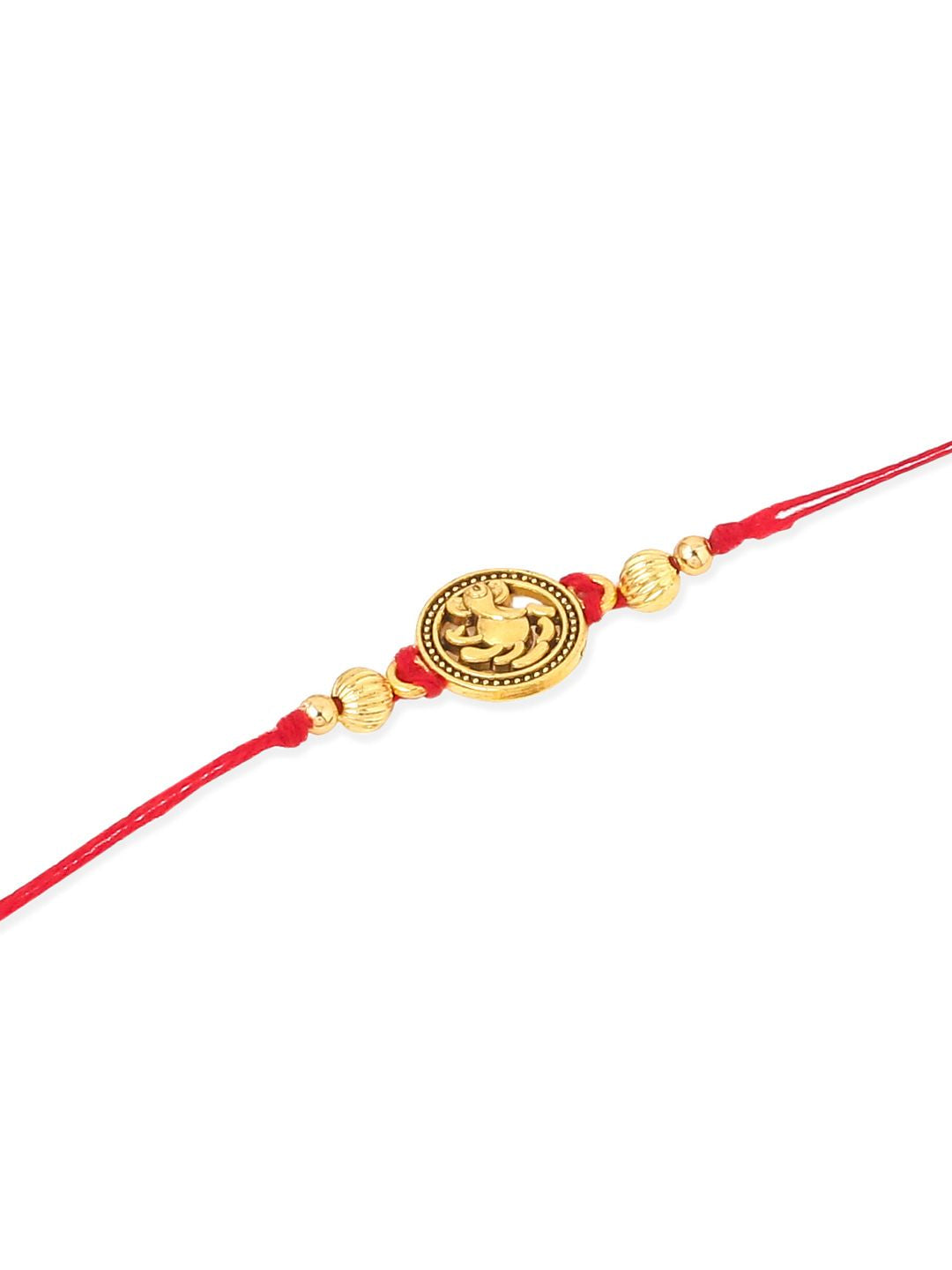 NVR Unisex Set of 3 Gold Toned Thread Rakhi with Roli Chawal Chandan Mishri