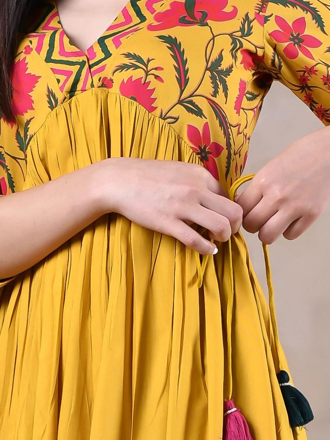 Rustorange Mustard Yellow & Pink Floral Liva A-Line Midi Dress