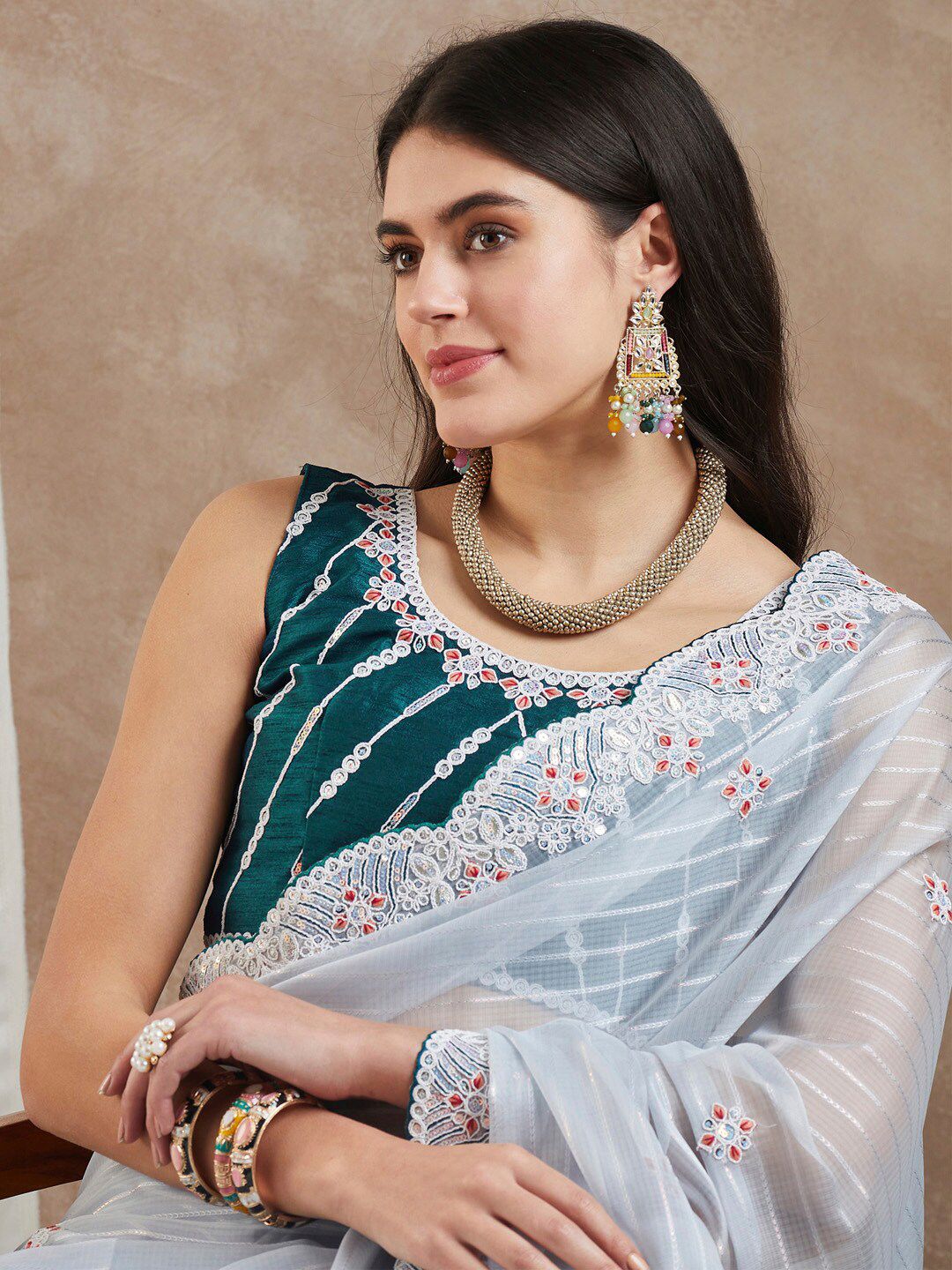 Saree mall Grey Floral Embroidered Beads and Stones Poly Georgette Saree