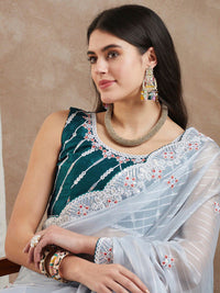 Saree mall Grey Floral Embroidered Beads and Stones Poly Georgette Saree