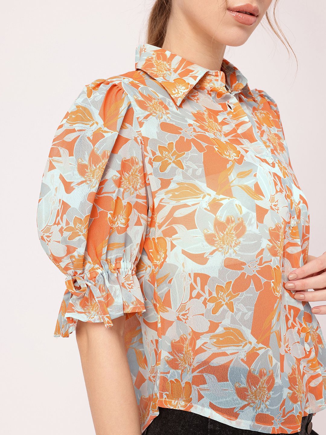 Holiday Charm Tropical Printed Puff Sleeves Shirt