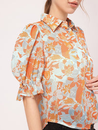 Holiday Charm Tropical Printed Puff Sleeves Shirt