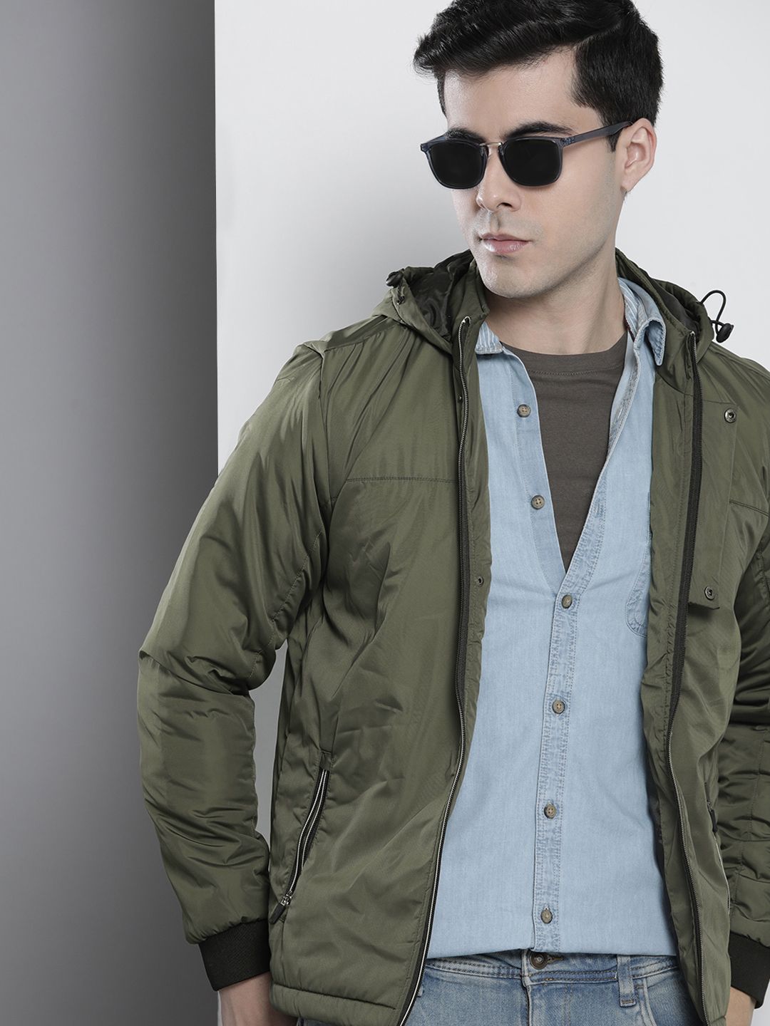 The Indian Garage Co Men Slim Fit Zip-Front Hooded Bomber Jacket