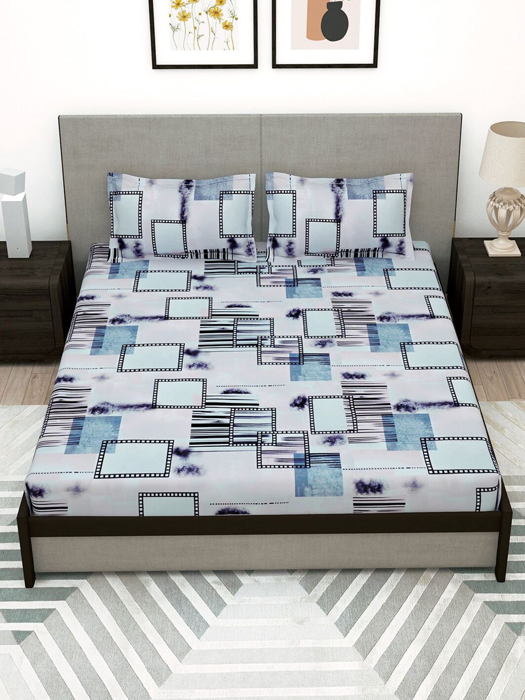 Story@home Blue & Grey Geometric 180 TC Flat Queen Bedsheet with 2 Pillow Covers