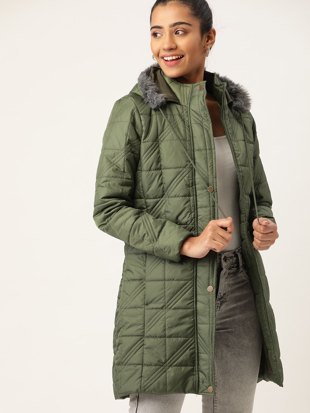 DressBerry Women Olive Green Self Design Quilted Jacket