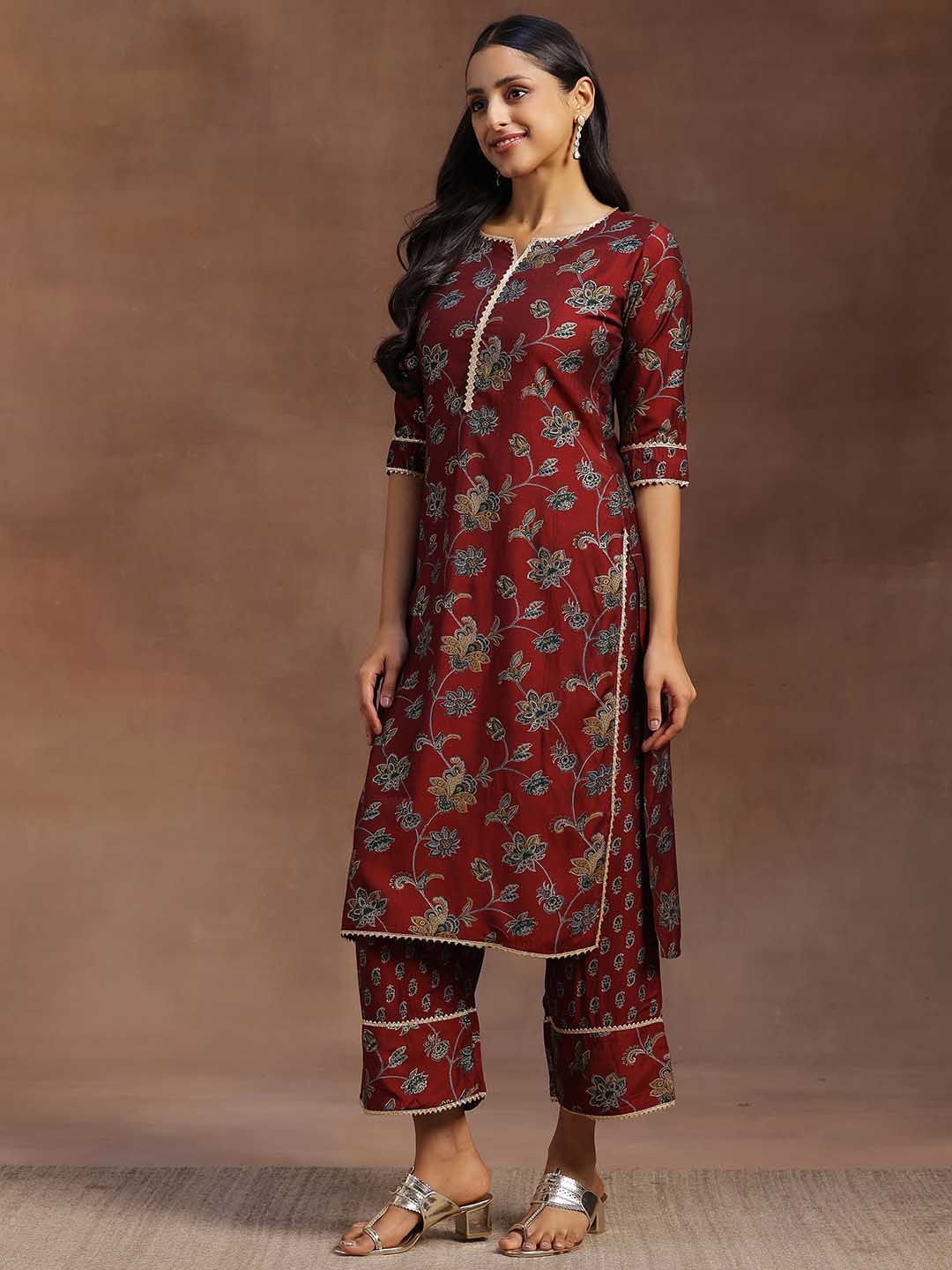 Libas Women Maroon & Green Floral Print Kurta with Palazzos & Dupatta