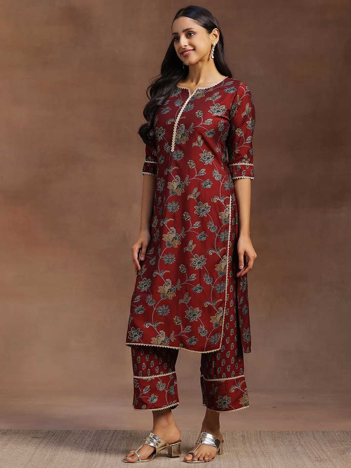 Libas Women Maroon & Green Floral Print Kurta with Palazzos & Dupatta