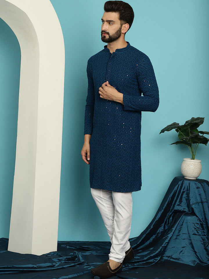 SOJANYA Ethnic Motifs Embroidered Regular Sequined Pure Cotton Kurta With Churidar