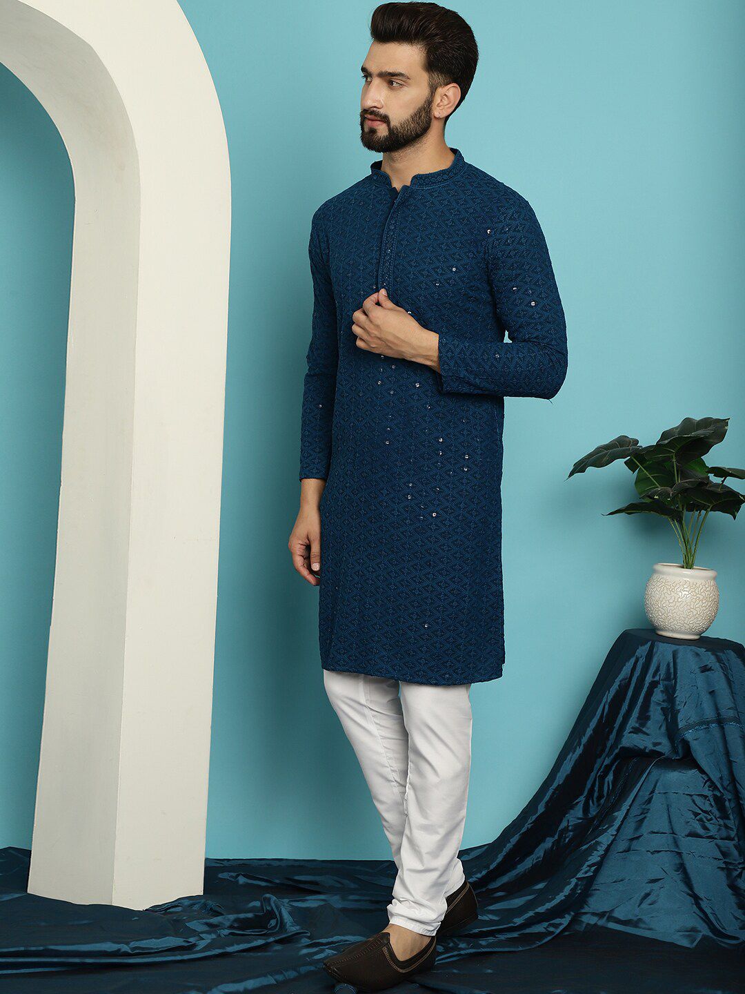 SOJANYA Ethnic Motifs Embroidered Regular Sequined Pure Cotton Kurta With Churidar