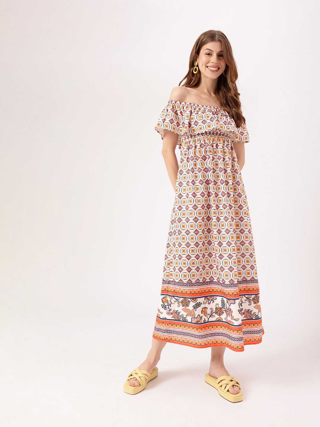 Boho Fetish Vibe Off Shoulder Smocked Midi Dress