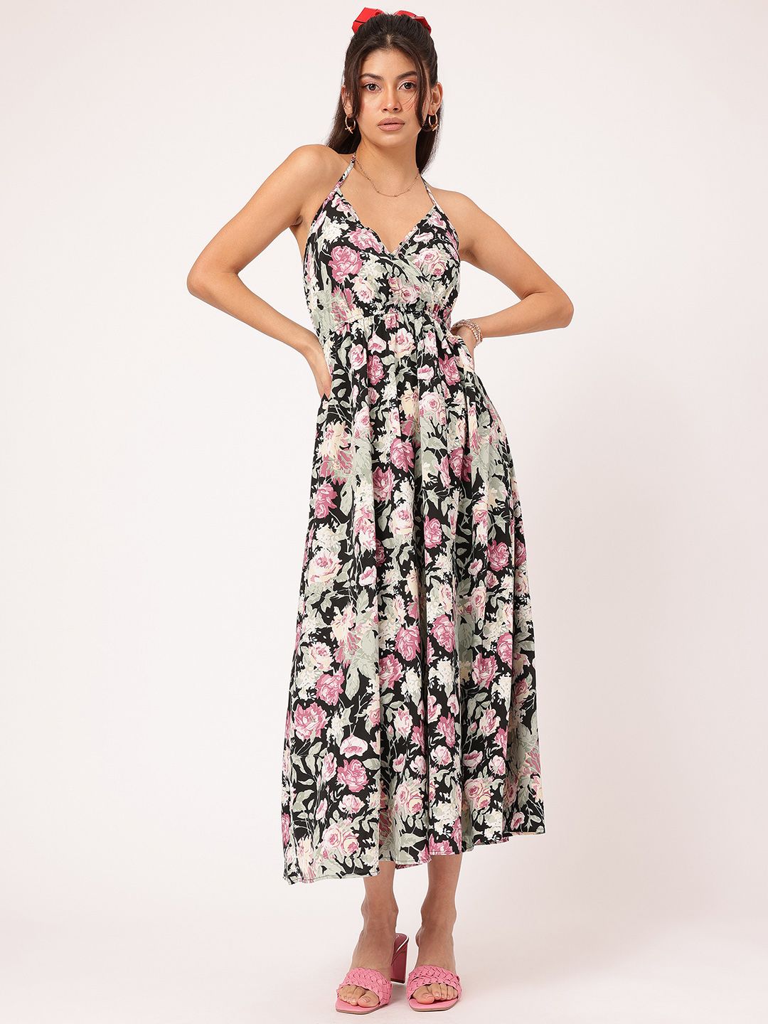 DressBerry Floral Finesse Halter Neck A-Line Midi Dress