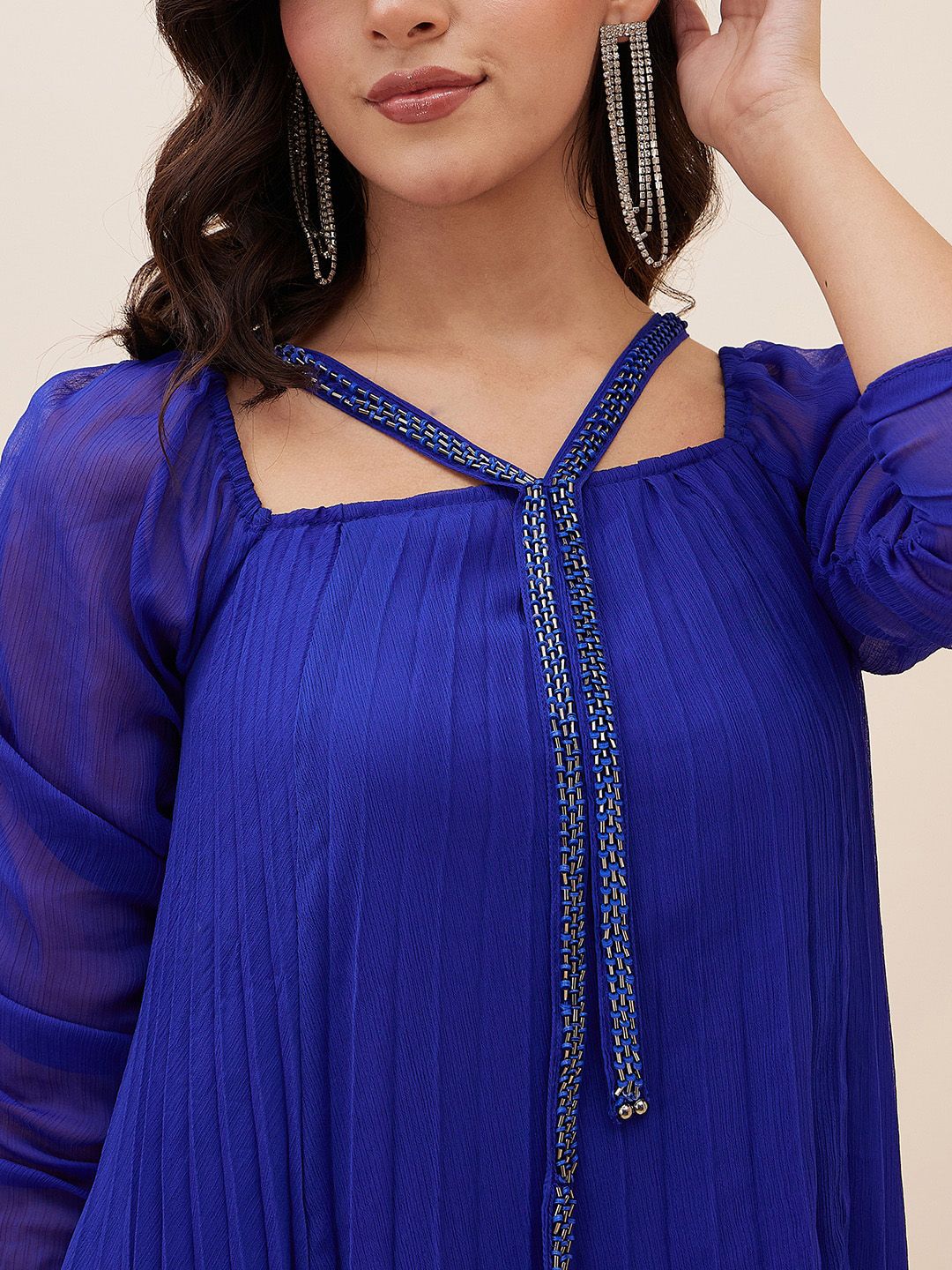 Antheaa Square Neck Puffed Sleeves Pleated A-Line Top With Palazzos