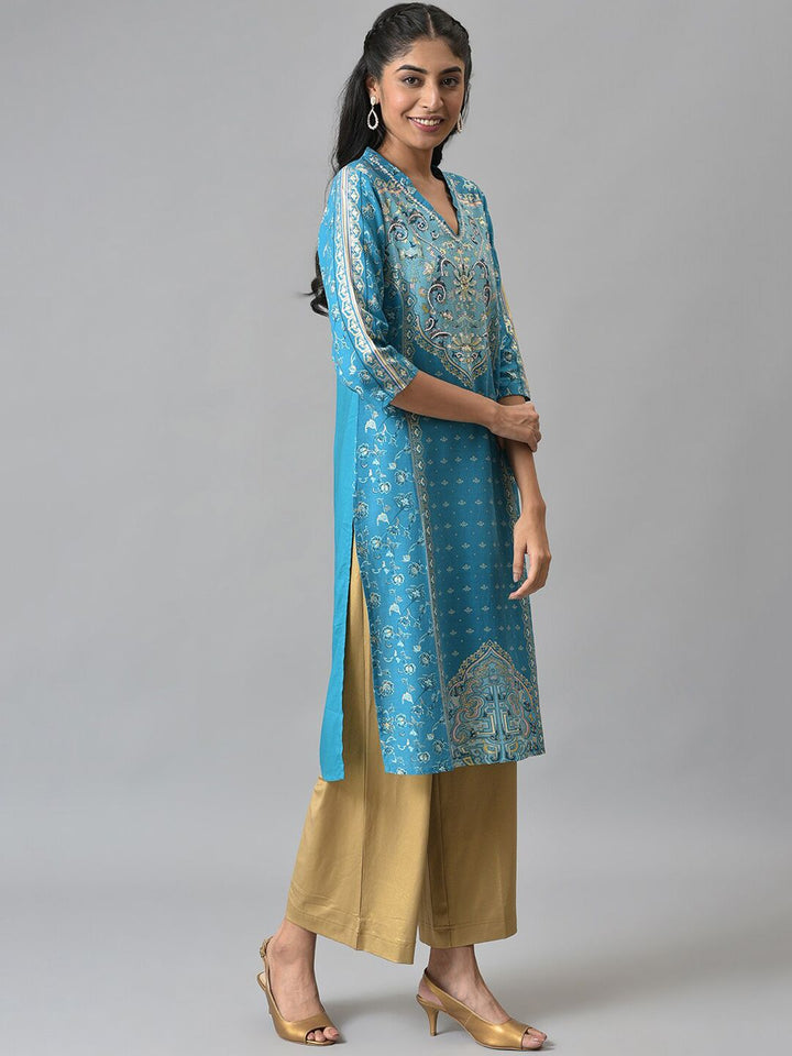 Aurelia Women Blue Floral Print Ethnic Liva Kurta with Handwork