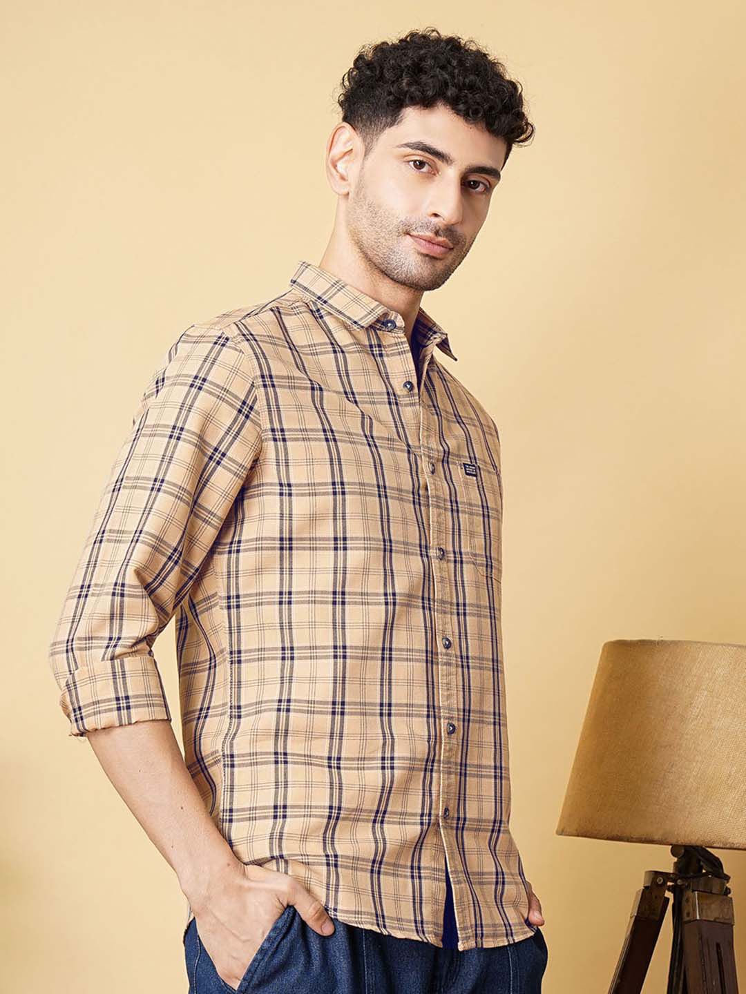 The Indian Garage Co Men Beige Regular Fit Tartan Checks Opaque Checked Casual Shirt