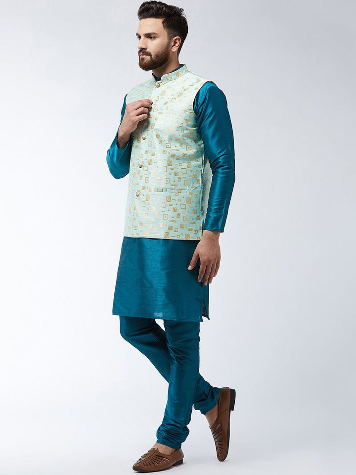 SOJANYA Mandarin Collar Straight Kurta with Churidar with Printed Nehru Jacket