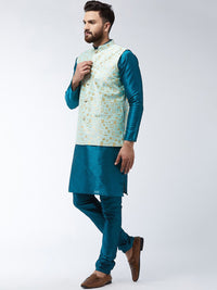 SOJANYA Mandarin Collar Straight Kurta with Churidar with Printed Nehru Jacket