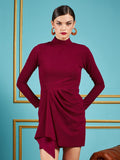 SASSAFRAS Maroon Self Design Gathered Detail High Neck Sheath Dress