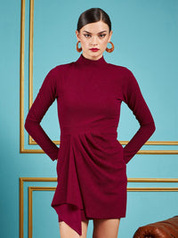 SASSAFRAS Maroon Self Design Gathered Detail High Neck Sheath Dress
