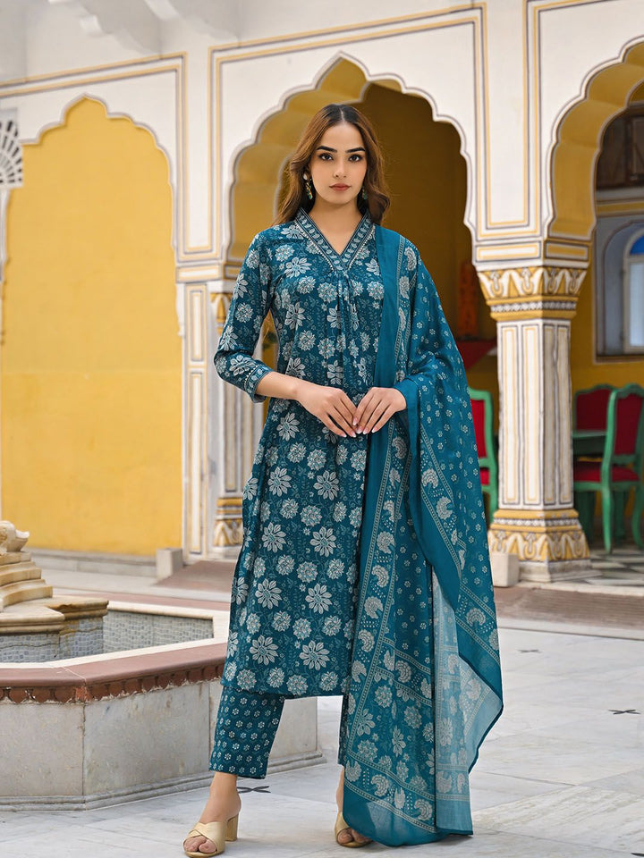 KALINI Floral Printed Pleated Kurta with Trouser & Dupatta