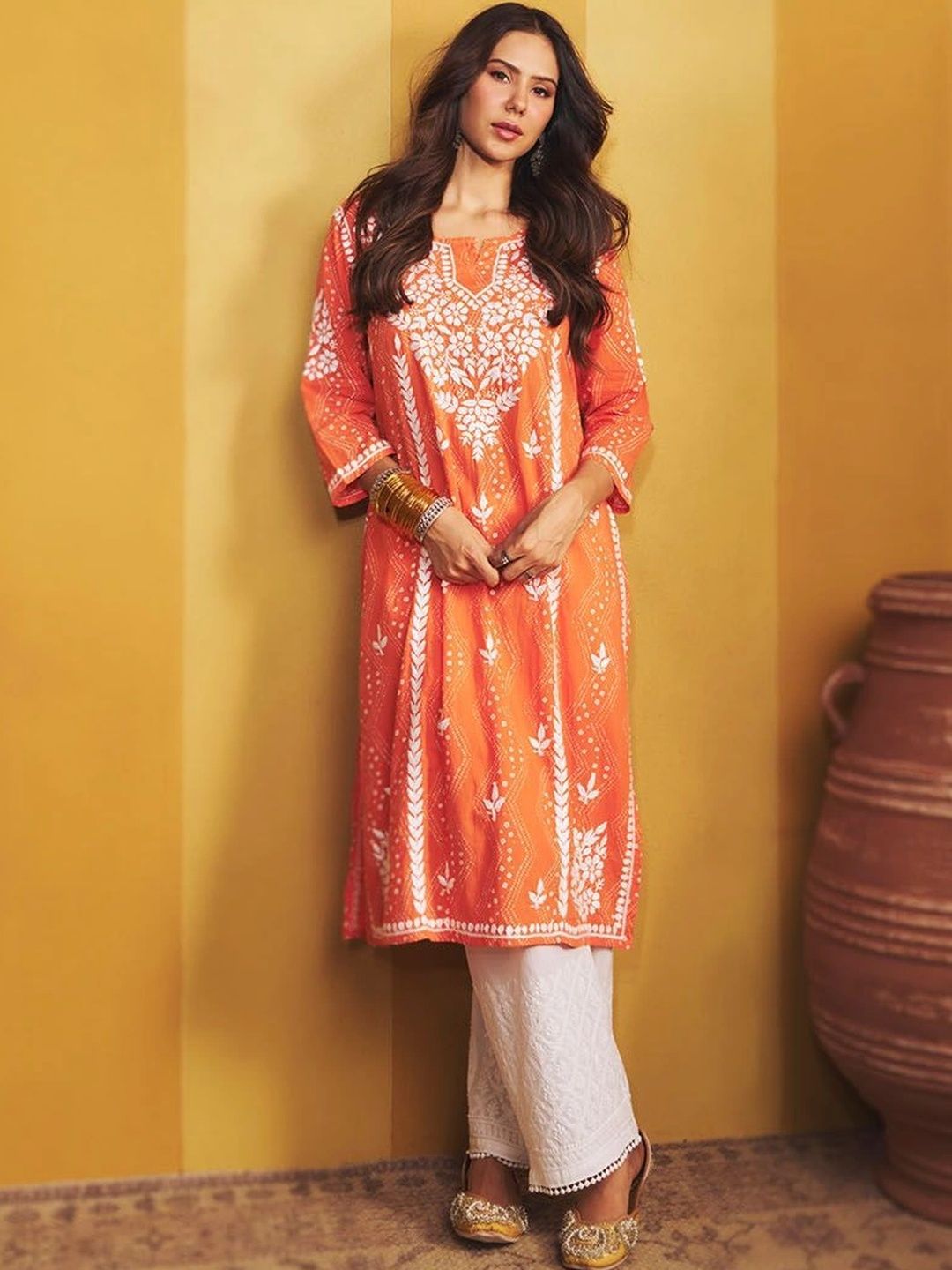 Rumah Chikankari Sonam Orange Mulmul Chikankari Kurta
