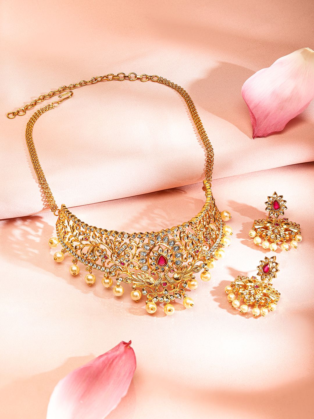22K Gold Plated Ruby Pink & CZ Studded Pearl Beaded Traditional Choker Jewellery Set