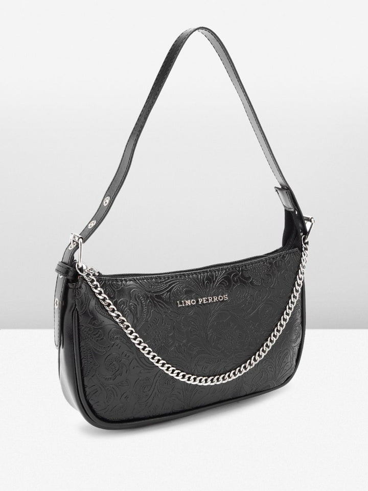 Lino Perros Floral Textured Structured Shoulder Bag with Chain Detail