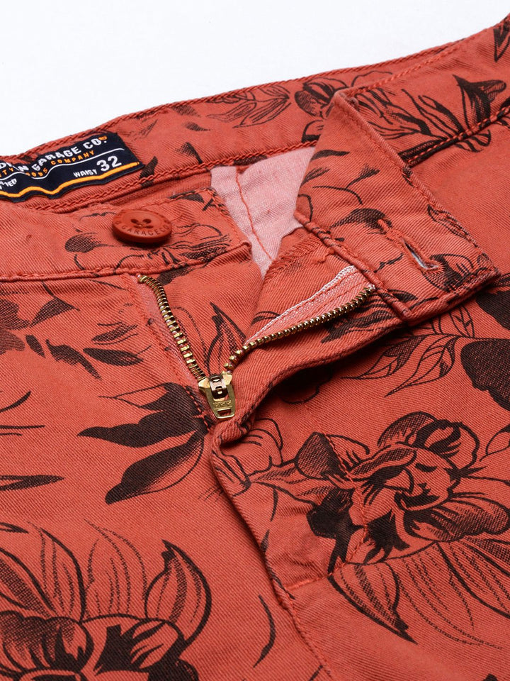 The Indian Garage Co Men Rust Floral Printed Slim Fit Regular Shorts