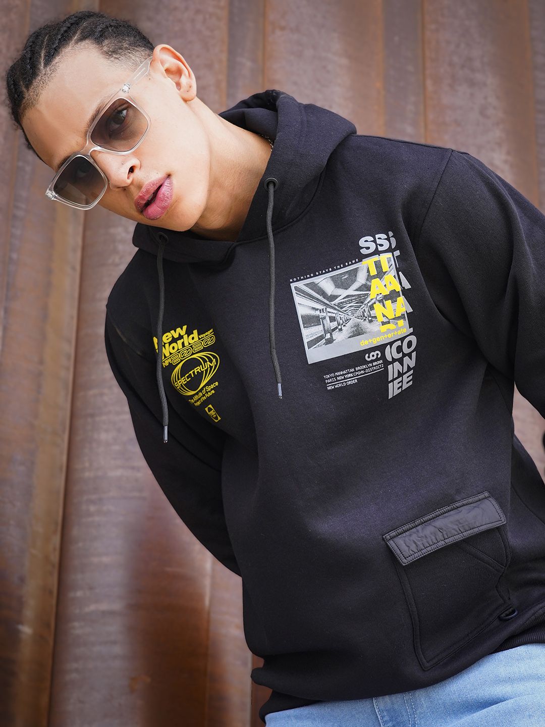 The Indian Garage Co Men Black Printed Hooded Sweatshirt